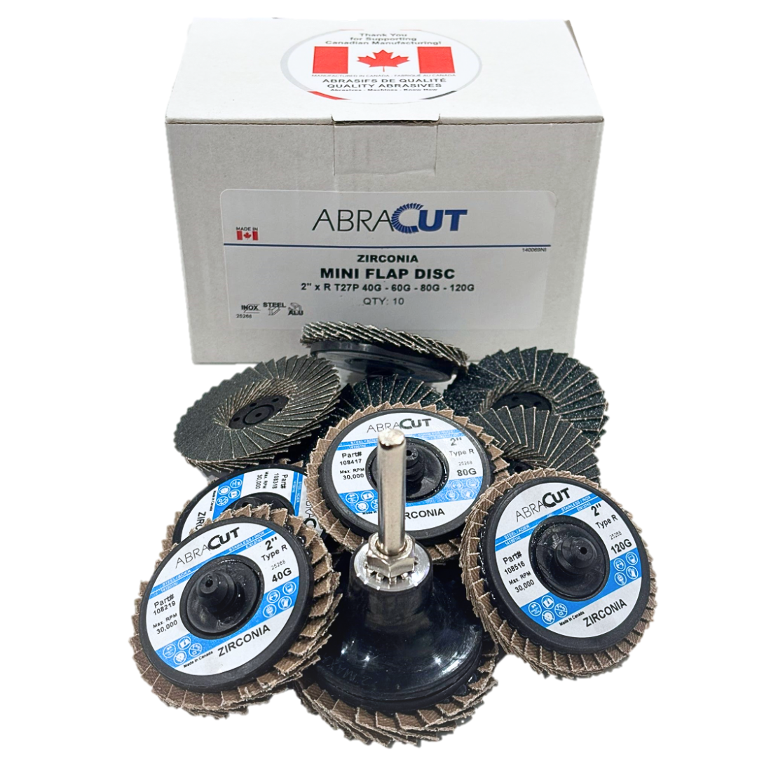 Canadian-Made ABRACUT Zirconia Mini Flap Discs 2" Type R, 10-Pack Mixed Grits 40/60/80/120 Grit, Made in Canada with Holder 1/4" for die Grinder