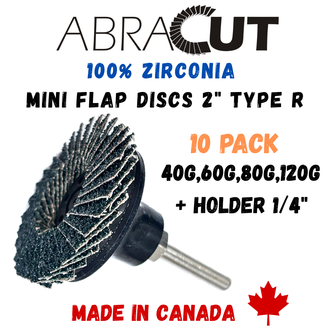 Canadian-Made ABRACUT Zirconia Mini Flap Discs 2" Type R, 10-Pack Mixed Grits 40/60/80/120 Grit, Made in Canada with Holder 1/4" for die Grinder