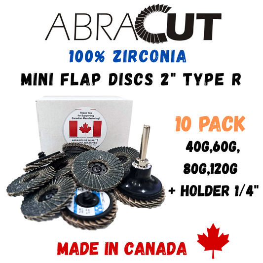 Canadian-Made ABRACUT Zirconia Mini Flap Discs 2" Type R, 10-Pack Mixed Grits 40/60/80/120 Grit, Made in Canada with Holder 1/4" for die Grinder